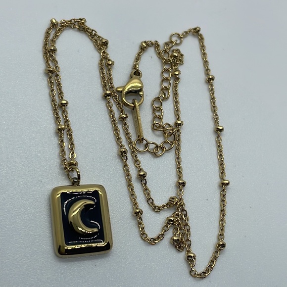 Gold Tone Moon 🌙 Black Enamel Pendant Necklace - Picture 8 of 9